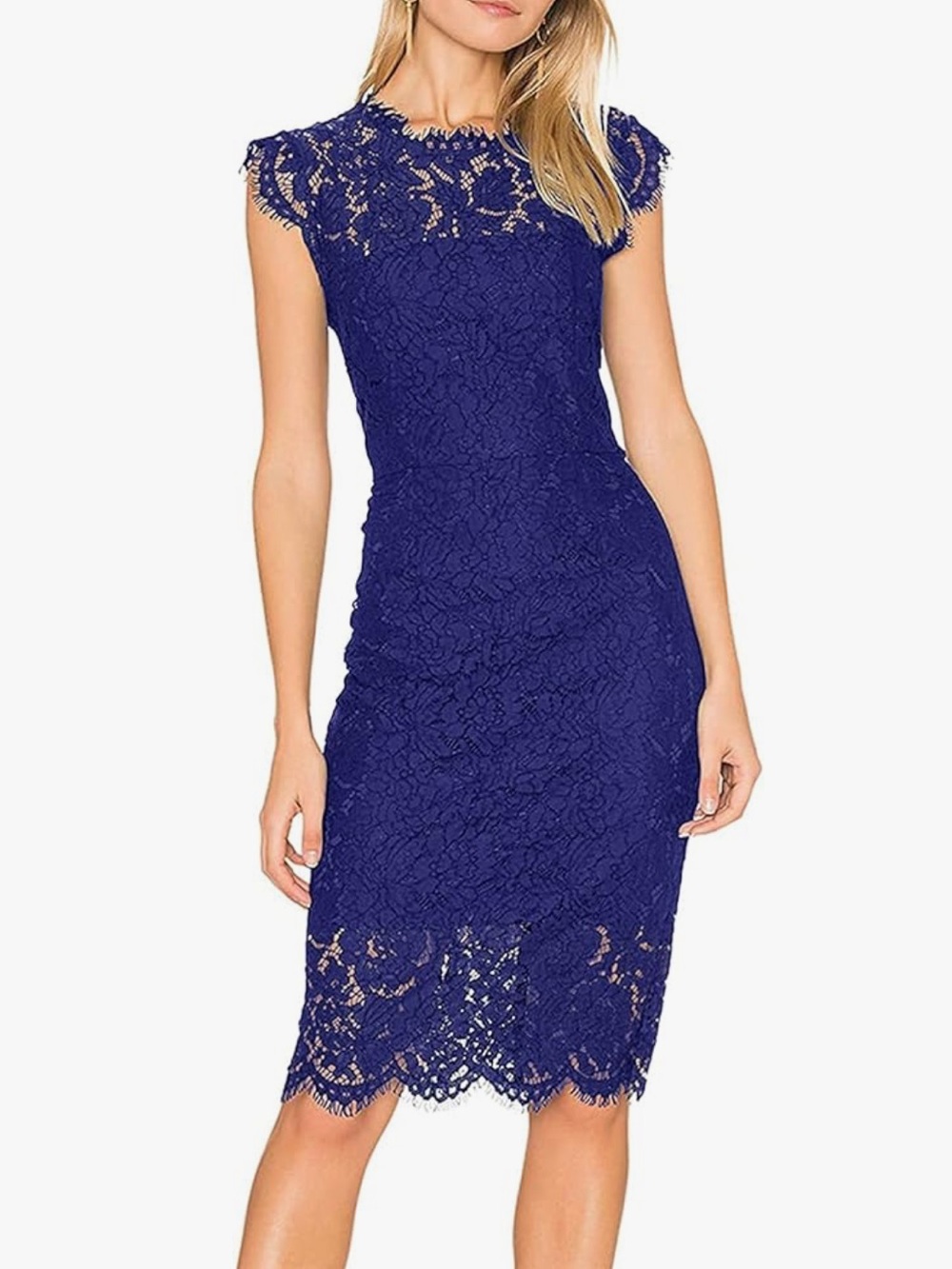 Lace Sheath Dress Royal Blue large Women's Floral Elegant Cocktail Knee Length